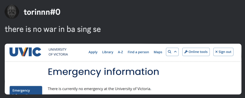 there is no war in ba sing se - UVic Emergency Banner: There is currently no emergency at the University of Victoria.