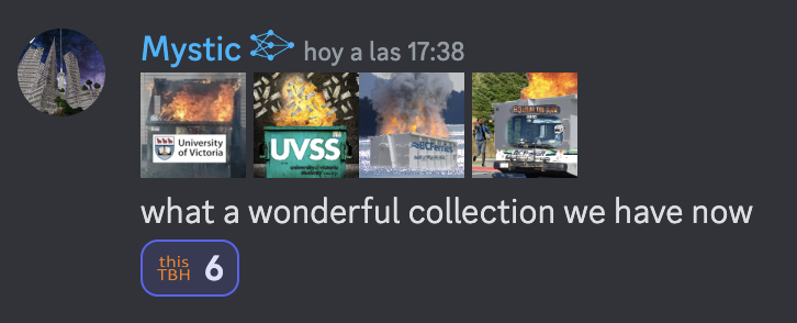 All four dumpster fire emotes: UVic, UVSS, BC Ferries, and BC Transit.