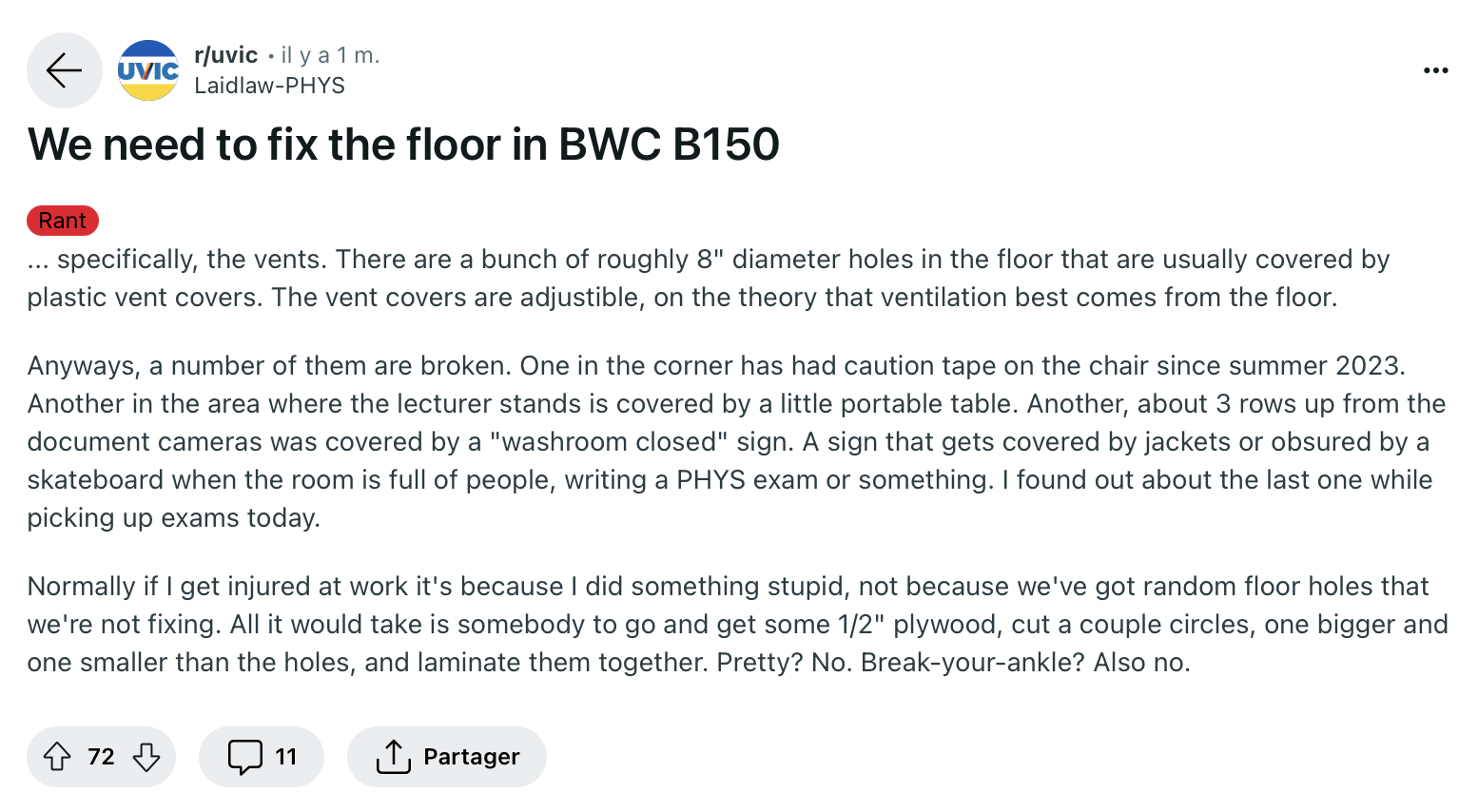 Laidlaw-PHYS: We need to fix the floor in BWC B150